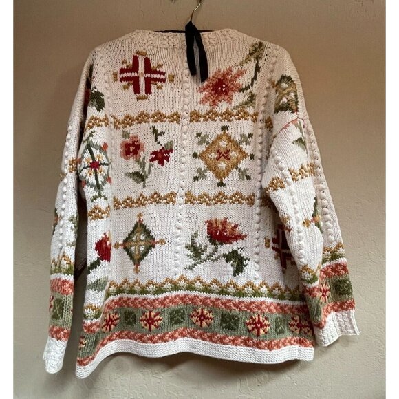 Vintage Hunters Run Mixed Floral Pattern Hand Knitted Sweater Large Ramie Cotton - Picture 2 of 9